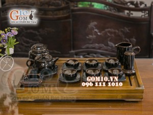 Bộ ấm chén quai tròn đen men hỏa biến, chén lòng hoa - đầy đủ phụ kiện 300ml