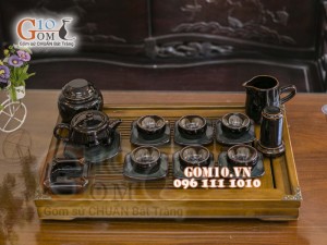 Bộ ấm chén quai tròn đen men hỏa biến, chén lòng hoa - đầy đủ phụ kiện 300ml