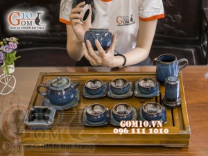 Bộ ấm chén quai tròn men hỏa biến, chén lòng hoa - đầy đủ phụ kiện 300ml