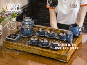 Bộ ấm chén quai tròn men hỏa biến, chén lòng hoa - đầy đủ phụ kiện 300ml