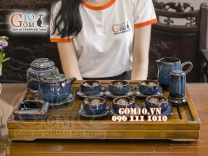 Bộ ấm chén quai tròn men hỏa biến, chén lòng hoa - đầy đủ phụ kiện 300ml