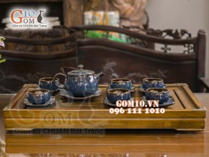 Bộ ấm chén quai tròn men hỏa biến, chén lòng hoa 300ml