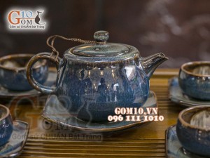 Bộ ấm chén quai tròn men hỏa biến, chén lòng hoa 300ml