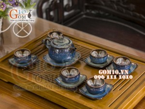 Bộ ấm chén quai tròn men hỏa biến, chén lòng hoa 300ml