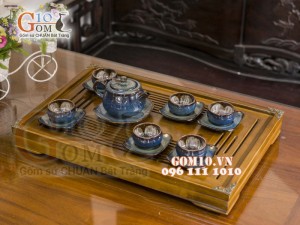 Bộ ấm chén quai tròn men hỏa biến, chén lòng hoa 300ml