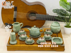 Bộ ấm chén quai tròn men hỏa biến xanh ngọc, chén lòng hoa - đầy đủ phụ kiện, 300ml