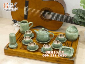 Bộ ấm chén quai tròn men hỏa biến xanh ngọc, chén lòng hoa - đầy đủ phụ kiện, 300ml