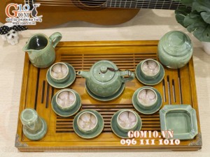 Bộ ấm chén quai tròn men hỏa biến xanh ngọc, chén lòng hoa - đầy đủ phụ kiện, 300ml