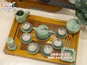 Bộ ấm chén quai tròn men hỏa biến xanh ngọc, chén lòng hoa - đầy đủ phụ kiện, 300ml