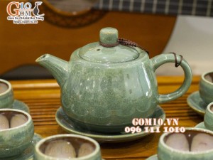Bộ ấm chén quai tròn men hỏa biến xanh ngọc, chén lòng hoa - đầy đủ phụ kiện, 300ml