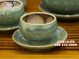Bộ ấm chén quai tròn men hỏa biến xanh ngọc, chén lòng hoa - đầy đủ phụ kiện, 300ml
