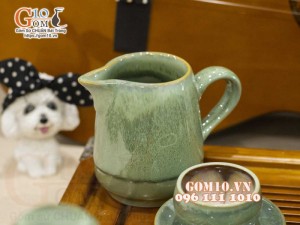Bộ ấm chén quai tròn men hỏa biến xanh ngọc, chén lòng hoa - đầy đủ phụ kiện, 300ml