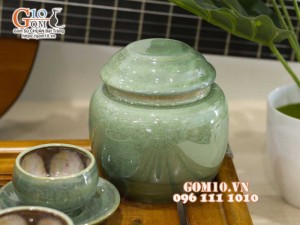 Bộ ấm chén quai tròn men hỏa biến xanh ngọc, chén lòng hoa - đầy đủ phụ kiện, 300ml