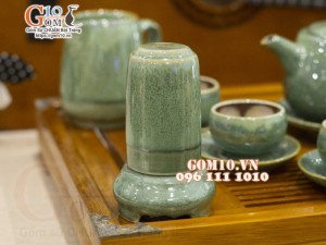 Bộ ấm chén quai tròn men hỏa biến xanh ngọc, chén lòng hoa - đầy đủ phụ kiện, 300ml
