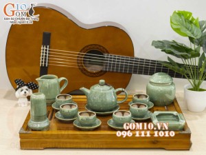 Bộ ấm chén quai tròn men hỏa biến xanh ngọc, chén lòng hoa - đầy đủ phụ kiện, 300ml