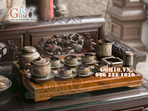 Bộ ấm chén quai tròn nâu men hỏa biến, chén lòng hoa - đầy đủ phụ kiện 300ml