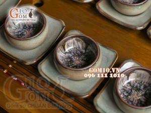 Bộ ấm chén quai tròn nâu men hỏa biến, chén lòng hoa - đầy đủ phụ kiện 300ml