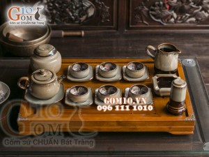 Bộ ấm chén quai tròn nâu men hỏa biến, chén lòng hoa - đầy đủ phụ kiện 300ml