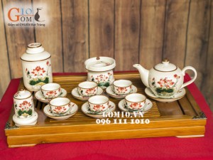 Bộ ấm chén sen đỏ men kem, đầy đủ phụ kiện