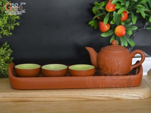 Bộ ấm chén tam gốm đỏ khắc hoa, 100ml