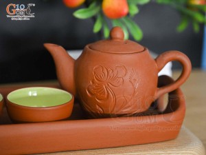 Bộ ấm chén tam gốm đỏ khắc hoa, 100ml