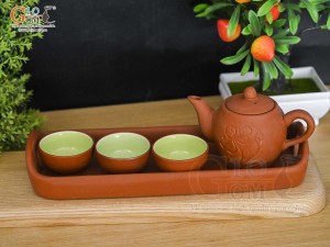 Bộ ấm chén tam gốm đỏ khắc hoa, 100ml