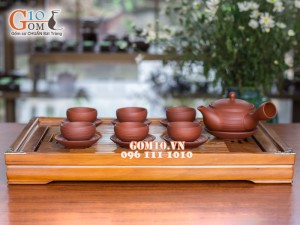 Bộ ấm chén dáng dẹt quai ngang gốm hồng sa đỏ trơn, 320ml