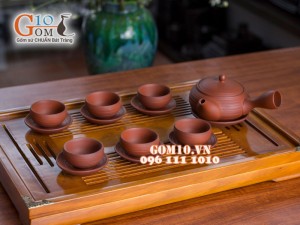 Bộ ấm chén dáng dẹt quai ngang gốm hồng sa đỏ trơn, 320ml