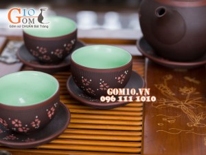 Bộ ấm chén dáng cao quai ngang gốm hồng sa, khắc hoa anh đào, 350ml