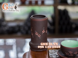 Bộ ấm chén dáng cao quai ngang gốm hồng sa, khắc hoa anh đào, đẩy đủ phụ kiện 350ml