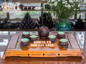 Bộ ấm chén dáng cao quai ngang gốm hồng sa, khắc hoa anh đào, 350ml