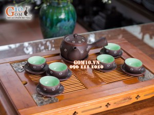 Bộ ấm chén dáng cao quai ngang gốm hồng sa, khắc sao trắng, 350ml