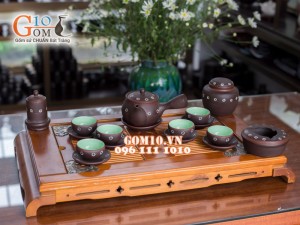 Bộ ấm chén dáng cao quai ngang gốm hồng sa, khắc sao trắng, đẩy đủ phụ kiện 350ml