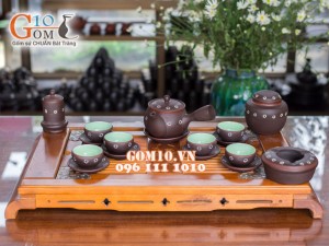 Bộ ấm chén dáng cao quai ngang gốm hồng sa, khắc sao trắng, đẩy đủ phụ kiện 350ml