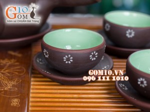 Bộ ấm chén dáng cao quai ngang gốm hồng sa, khắc sao trắng, đẩy đủ phụ kiện 350ml