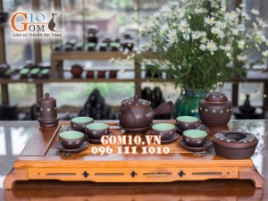 Bộ ấm chén dáng cao quai ngang gốm hồng sa, khắc sao trắng, đẩy đủ phụ kiện 350ml