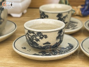 Bộ ấm chén quai ngang men rạn cổ cảnh Sơn Thủy (4 cặp chén đĩa)