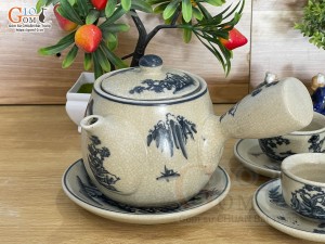 Bộ ấm chén quai ngang men rạn cổ cảnh Sơn Thủy (4 cặp chén đĩa)