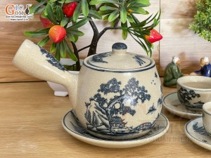 Bộ ấm chén quai ngang men rạn cổ cảnh Sơn Thủy (4 cặp chén đĩa)