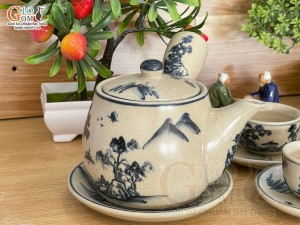 Bộ ấm chén quai ngang men rạn cổ cảnh Sơn Thủy (4 cặp chén đĩa)