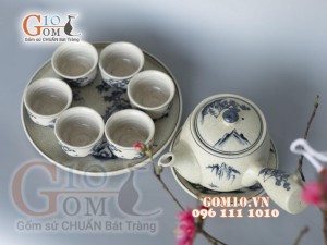 Bộ ấm chén quai ngang men rạn cổ cảnh sơn thủy, khay tròn