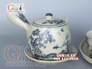 Bộ ấm chén quai ngang men rạn cổ cảnh sơn thủy, khay tròn