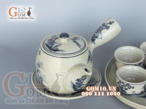 Bộ ấm chén quai ngang men rạn cổ cảnh sơn thủy, khay tròn