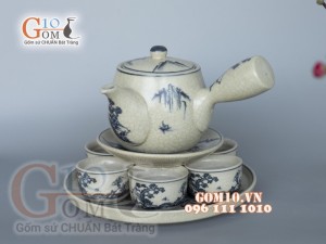 Bộ ấm chén quai ngang men rạn cổ cảnh sơn thủy, khay tròn