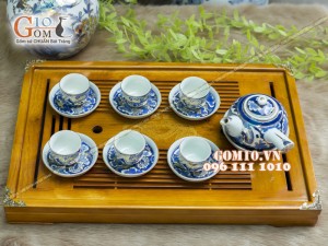 Bộ ấm chén quai ngang men rong cổ họa tiết Long Ẩn 300ml - Vẽ vàng 24k