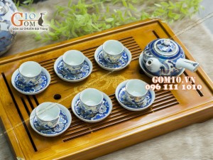 Bộ ấm chén quai ngang men rong cổ họa tiết Long Ẩn 300ml - Vẽ vàng 24k