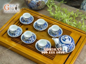 Bộ ấm chén quai ngang men rong cổ họa tiết Long Ẩn 300ml - Vẽ vàng 24k