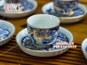 Bộ ấm chén quai ngang men rong cổ họa tiết Long Ẩn 300ml - Vẽ vàng 24k
