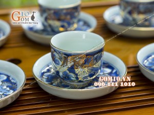 Bộ ấm chén quai ngang men rong cổ họa tiết Long Ẩn 300ml - Vẽ vàng 24k