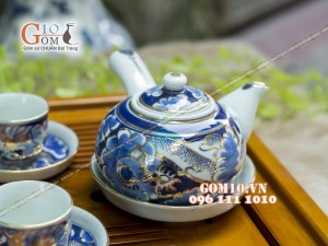 Bộ ấm chén quai ngang men rong cổ họa tiết Long Ẩn 300ml - Vẽ vàng 24k